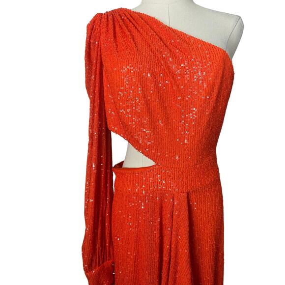 Mac Duggal Sequined One Shoulder Cut out Gown Orange Sz 8 Formal - Picture 5 of 9